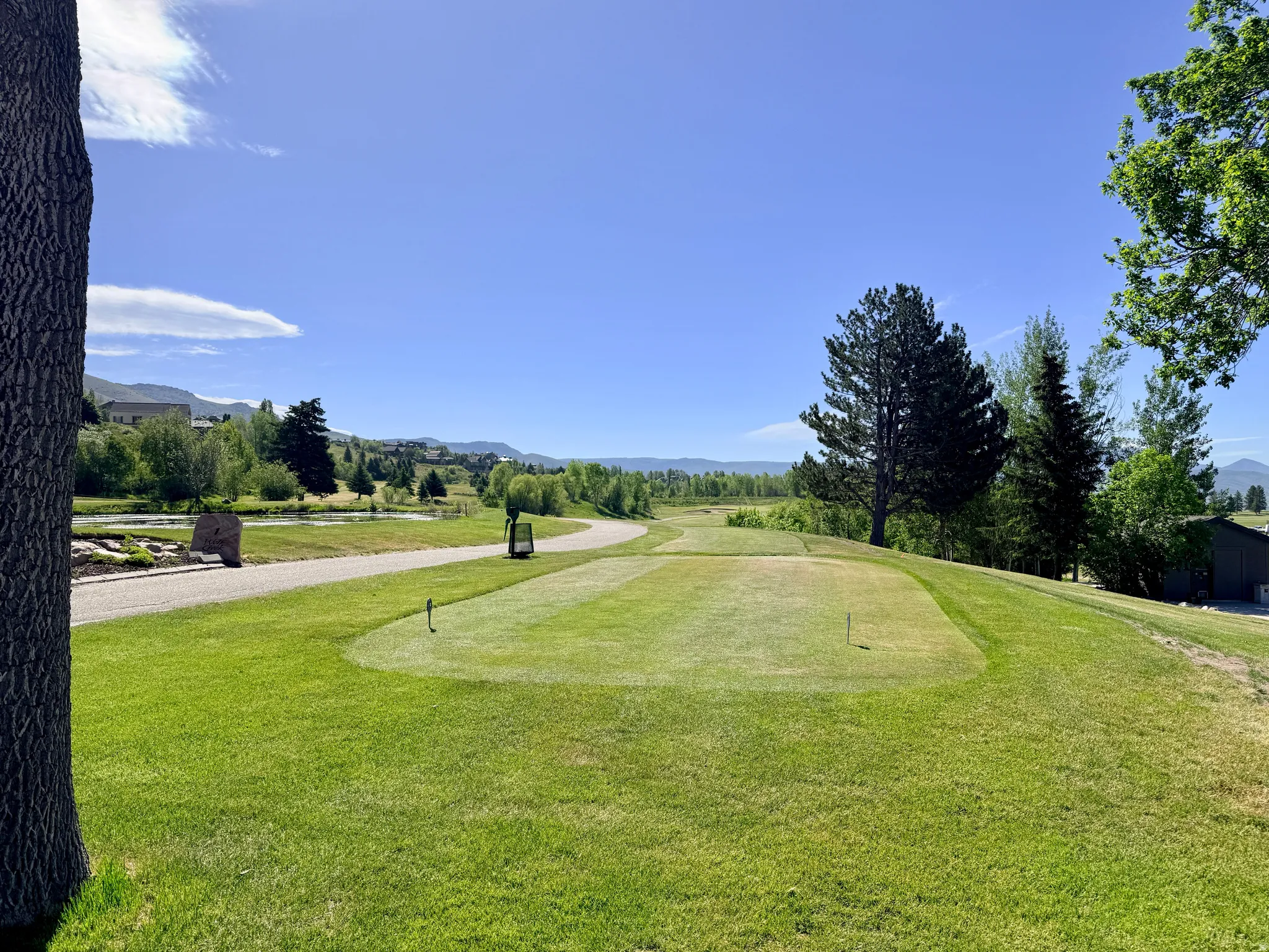 Wolf Creek golf course, winding cart path, water feature, and distant mountain ranges.  Walking distance.