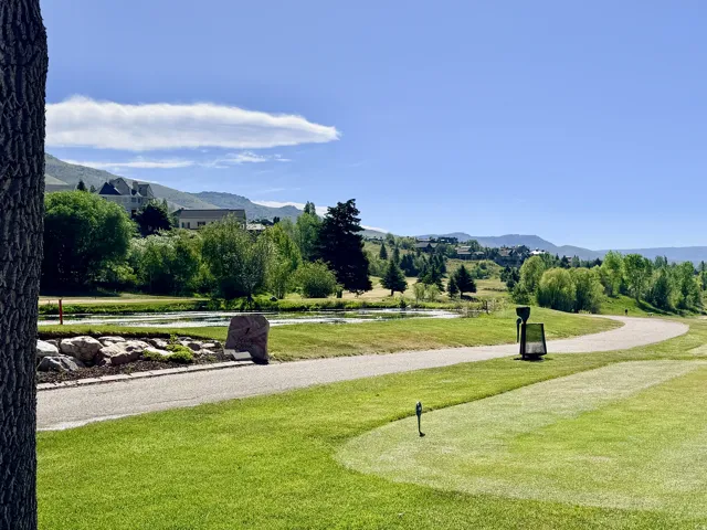 Wolf Creek golf course green with a cart path and a water feature. Walking distance.