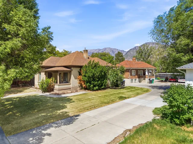 Expansive concrete driveway and lush green lawn with mature trees