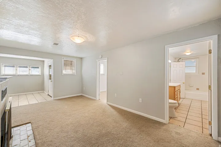 Carpeted living area featuring a flush-mount ceiling light and white baseboards
