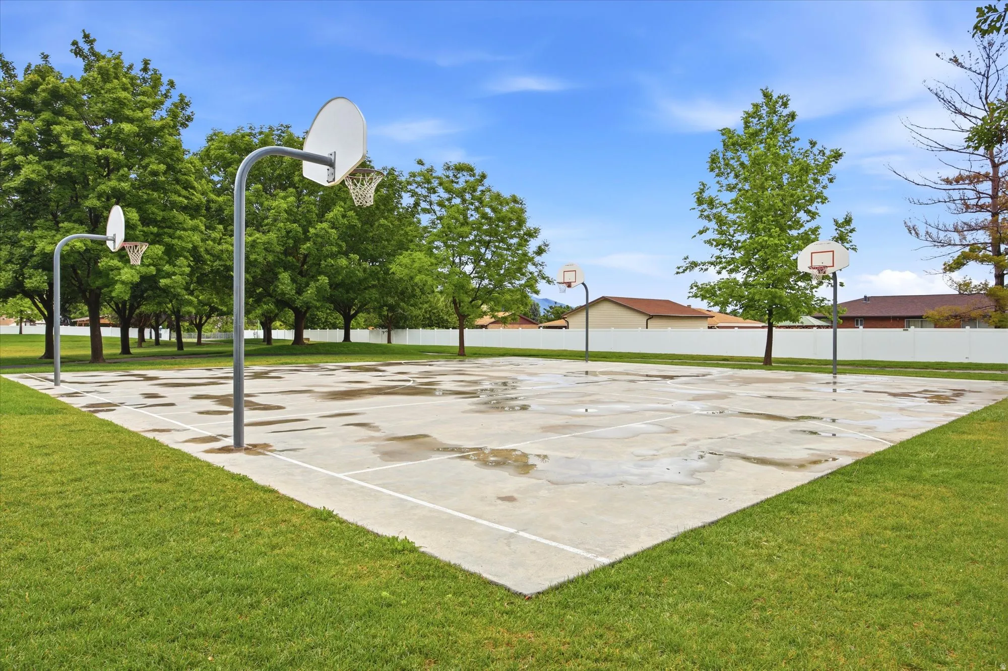 Concrete basketball court with multiple hoops, surrounded by a manicured lawn and mature trees