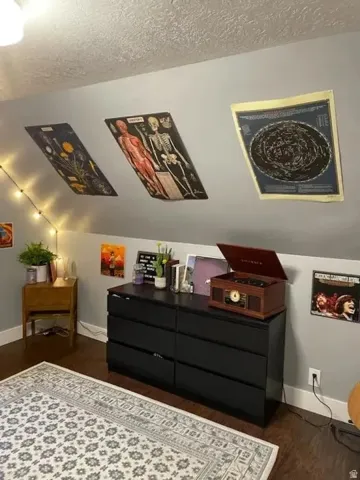 Sloped ceiling room featuring wood-finish flooring, light gray wall paint, and white baseboards