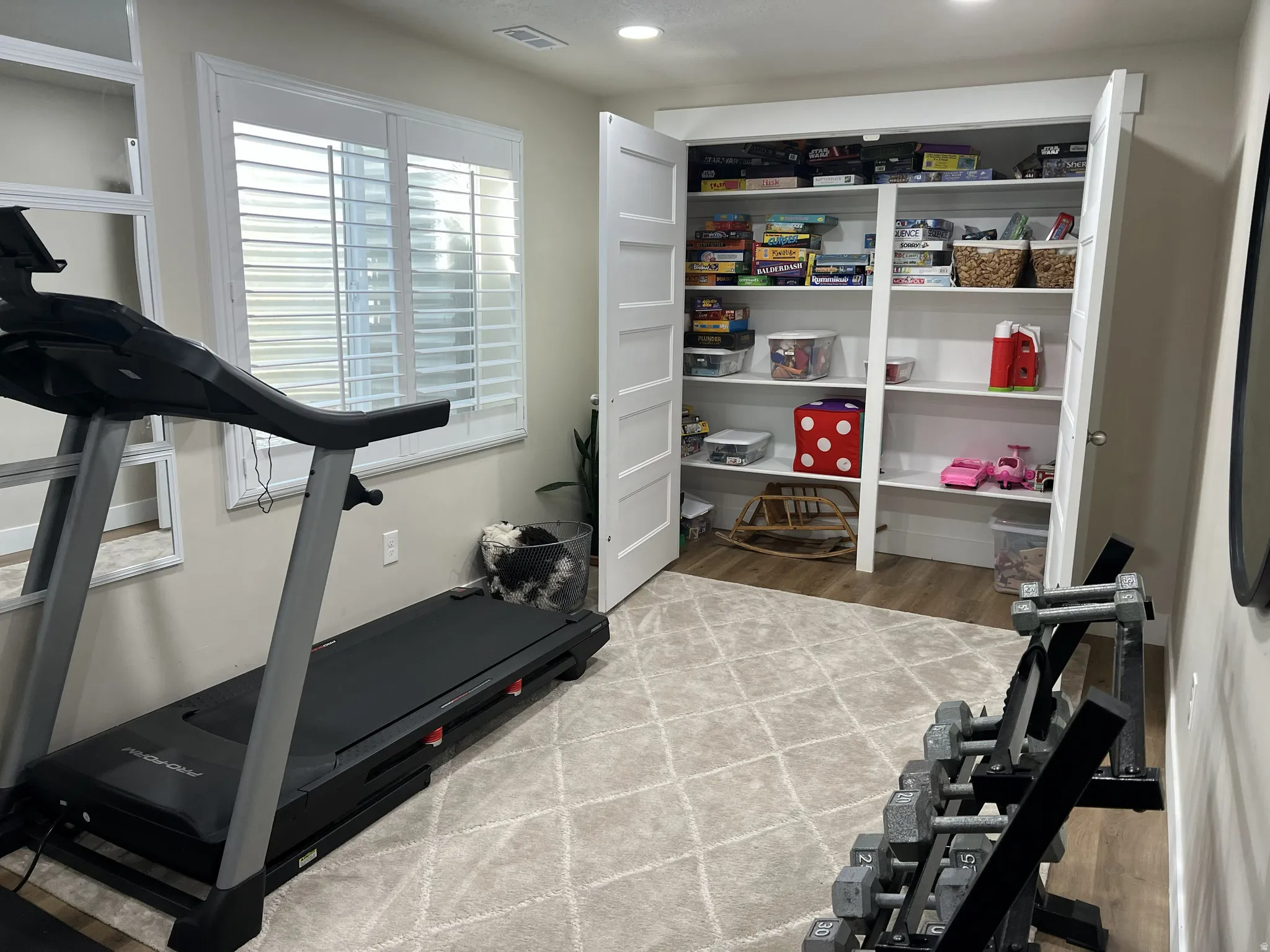 Room featuring a built-in storage closet with double doors, plantation shutters, and wood-finish flooring