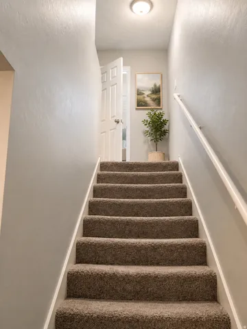 Carpeted staircase with light gray walls, a white handrail, and a flush-mount ceiling light