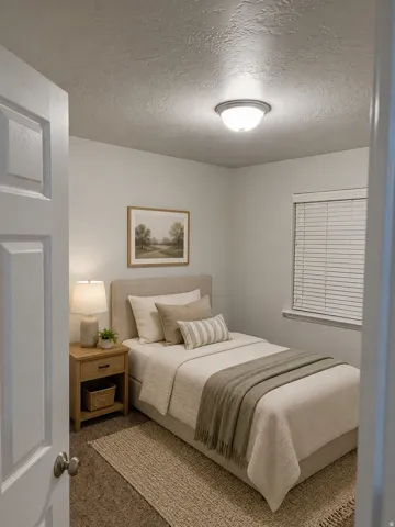 Carpeted bedroom featuring neutral wall tones and a window with blinds AI Staged