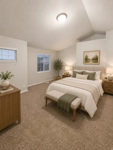 Carpeted bedroom featuring multiple windows with blinds, a vaulted ceiling, and a flush mount light fixture AI Staged