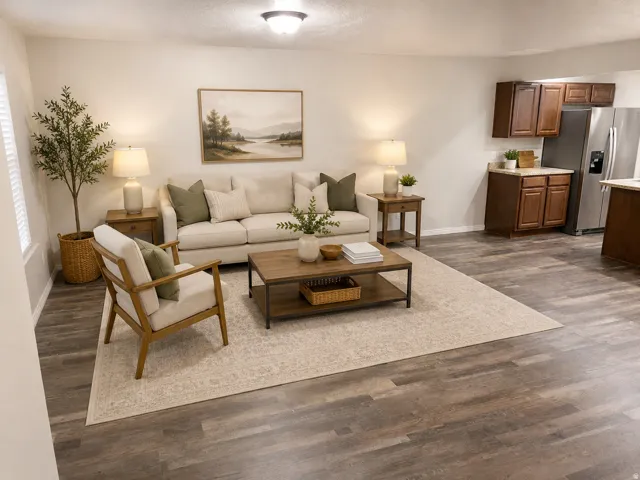 Open-concept living area featuring wood-finish flooring, recessed lighting, and white baseboards AI Staged