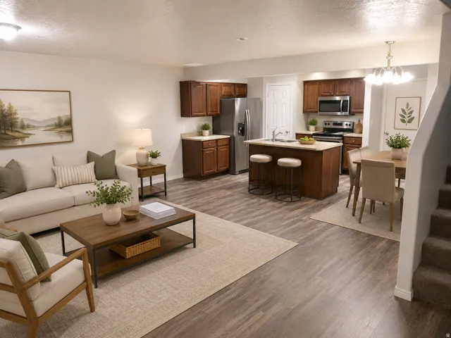 Open-concept living space featuring wood-finish flooring, a kitchen island with seating, dark wood cabinetry, stainless steel appliances, and a dedicated dining area AI Staged
