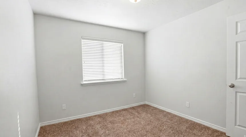 Neutral-toned room with light gray walls, brown carpeting, and white baseboards
