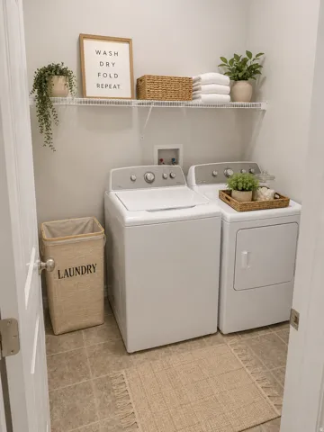 Dedicated laundry area featuring a washer and dryer, tile flooring, and a built-in wire shelf AI Staged