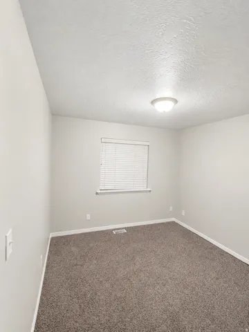 Carpeted interior room featuring light gray walls, a textured white ceiling, and a single window with horizontal blinds