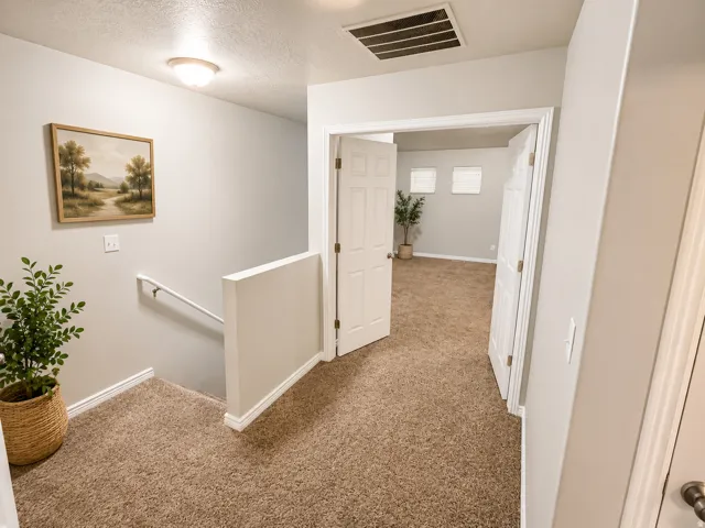 Carpeted hallway featuring a stairway with a white handrail and a neutral color palette