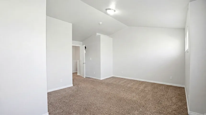Spacious room featuring vaulted ceilings, neutral-toned carpeting, ample wall space, white trim, and a ceiling-mounted light fixture