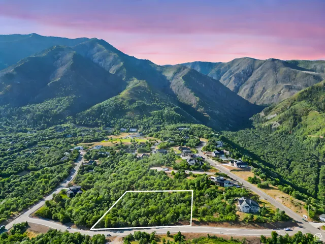Mountainous terrain framing a residential community with abundant tree cover