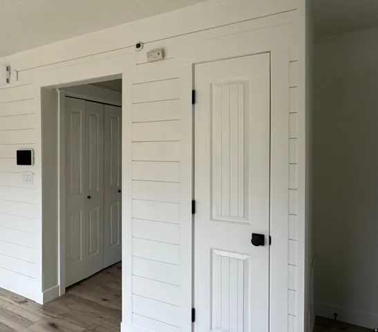 Shiplap accent wall featuring a panel door with matte black hardware and wood-finish flooring