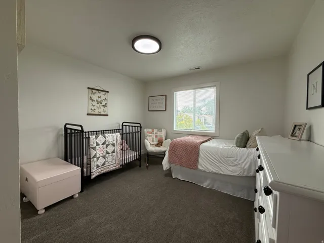 Bedroom featuring light neutral wall paint, dark grey carpet flooring, a single window, and an overhead flush-mount light fixture