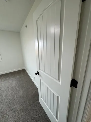 White interior door with vertical paneling and black hardware, set against a light gray carpet and white baseboards