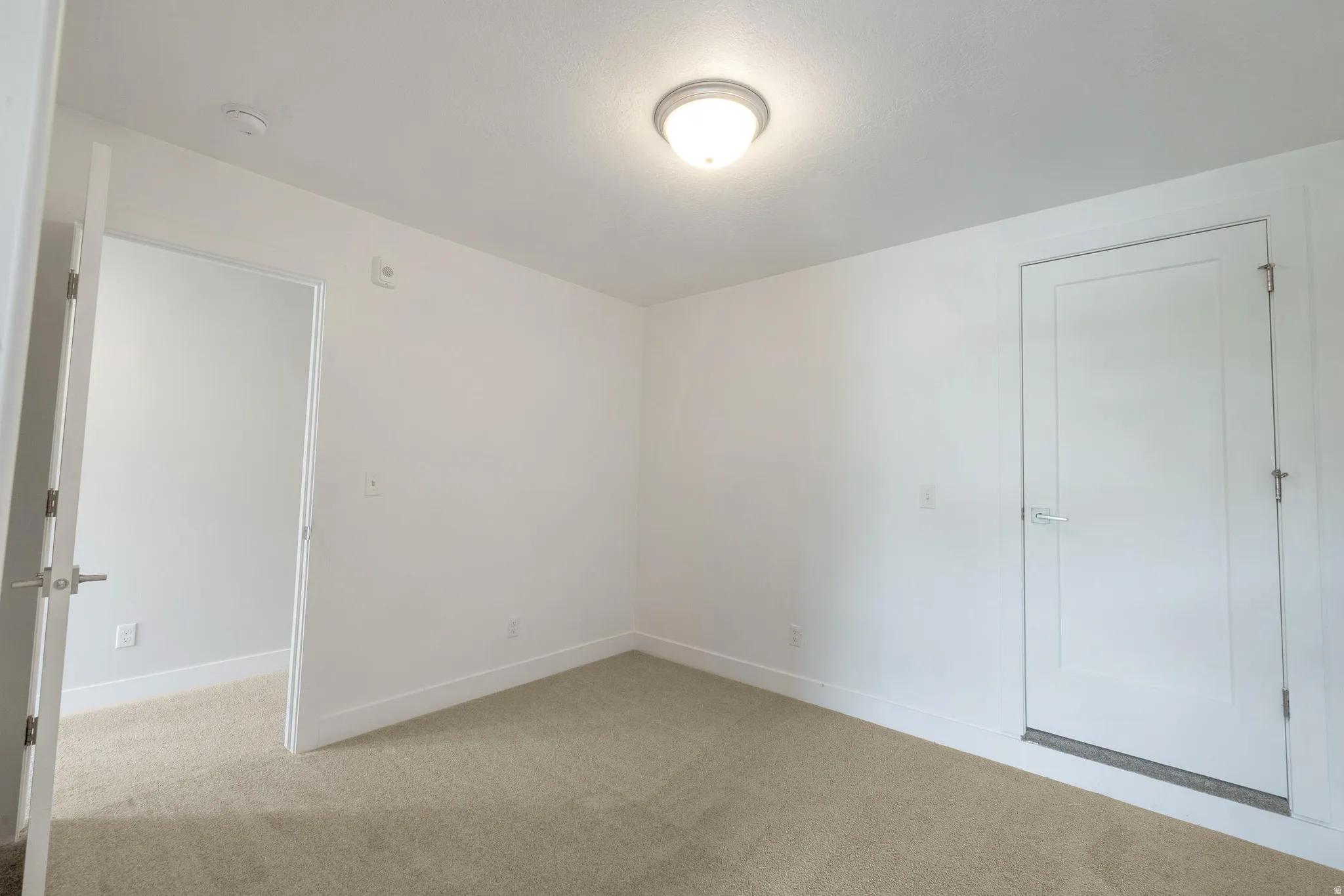 Carpeted interior room featuring white walls and white trim