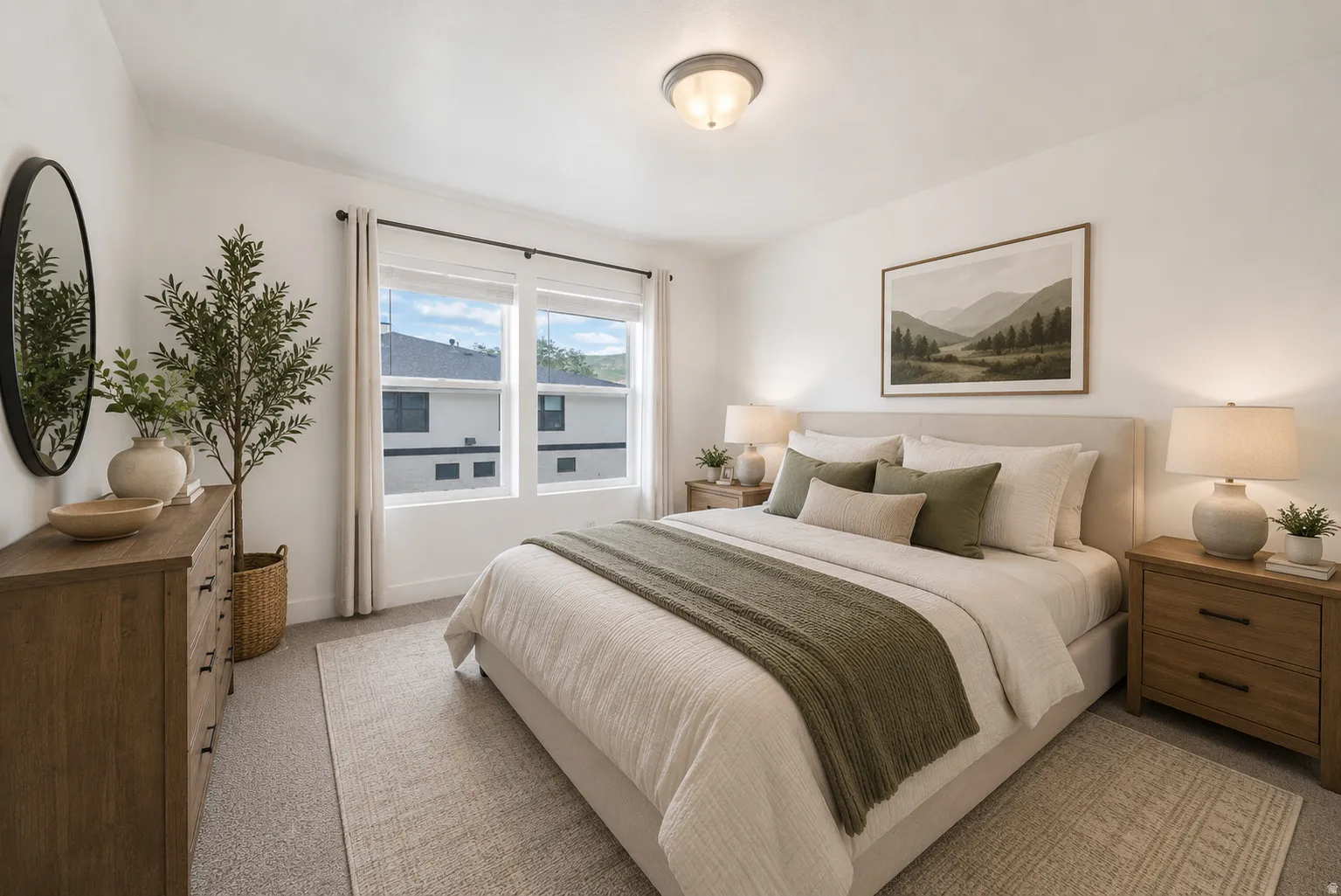 Bright bedroom featuring neutral wall tones, large windows with roller shades, and plush carpeting
