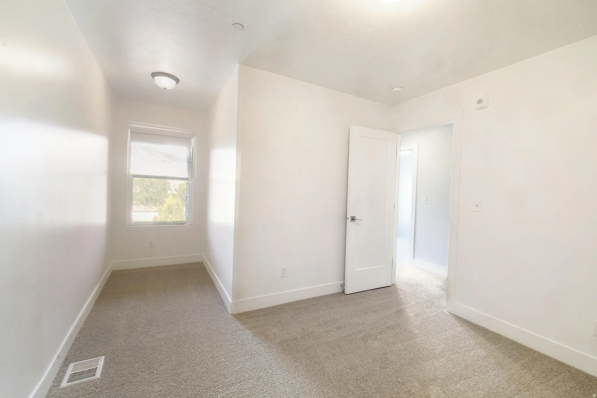 Bright interior room featuring a window with a roller shade, light-colored carpet, a flush-mount ceiling light, white walls, and white trim