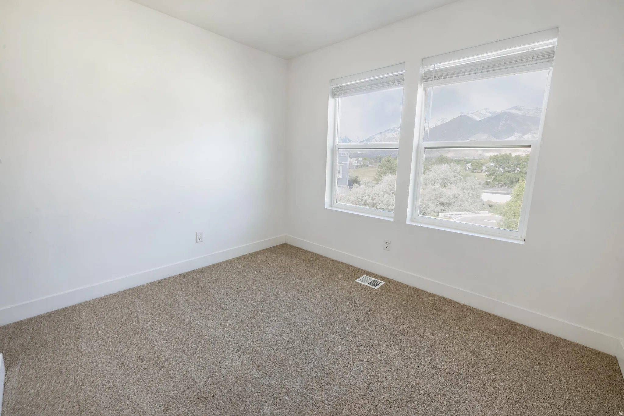Bright room featuring two windows with white blinds, neutral carpeting, white walls, white baseboards, and a mountain backdrop