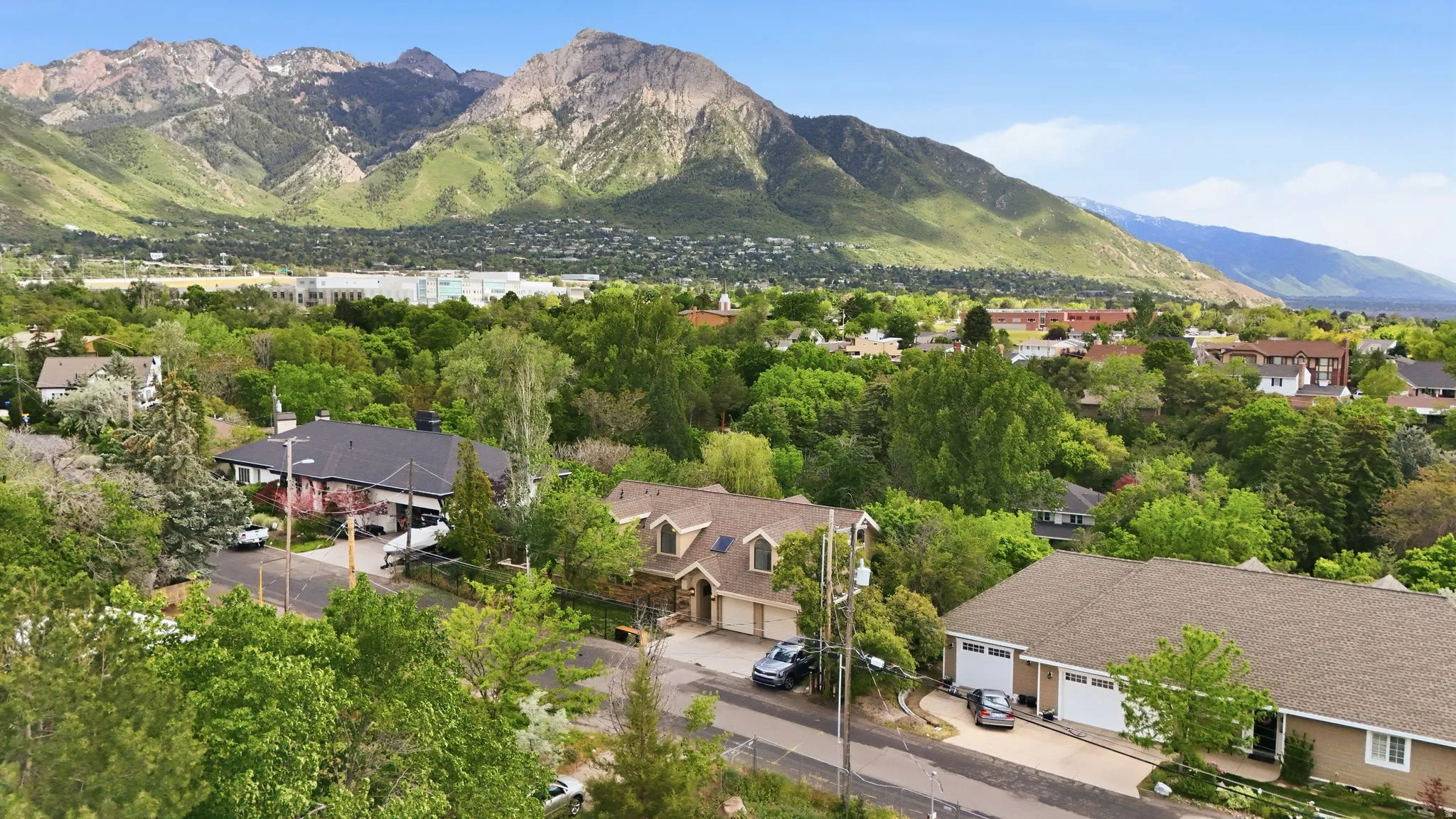 Residential street featuring a variety of architectural styles, mature trees, and a mountain backdrop