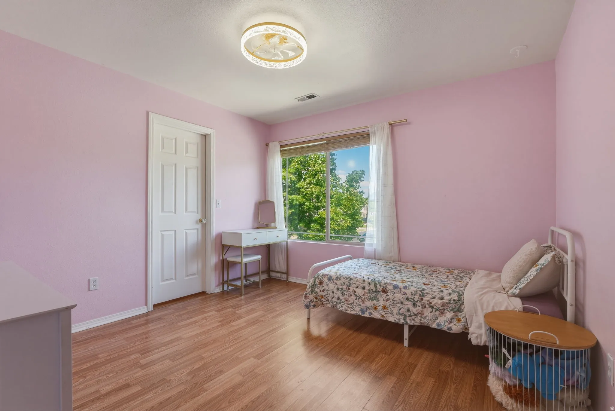 Room featuring wood-finish flooring, a multi-pane window with white sheers, and a five-panel interior door