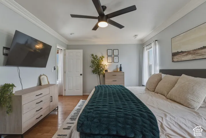 Hardwood-finish flooring throughout, featuring crown molding, a ceiling fan with integrated lighting, and a white paneled door