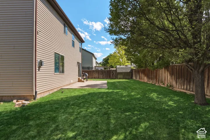 Expansive backyard featuring a manicured lawn, a large concrete patio, and a mature shade tree