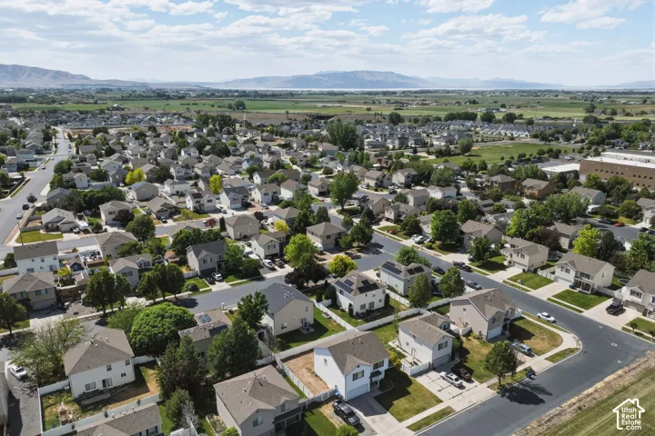 Aerial perspective showcasing a residential neighborhood with varied home styles and mature landscaping