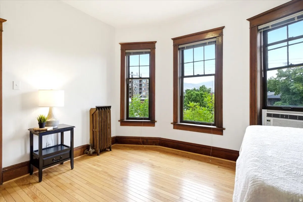 Light-filled room featuring multiple windows with dark trim, wood-finish flooring, and a classic radiator