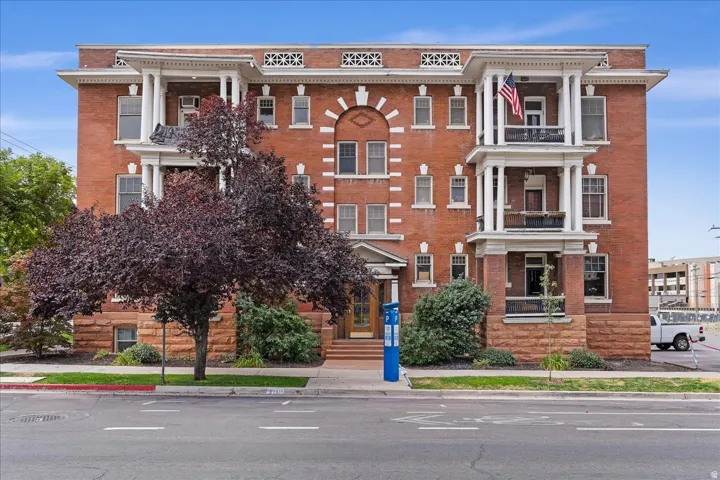 Brick facade building with white architectural elements