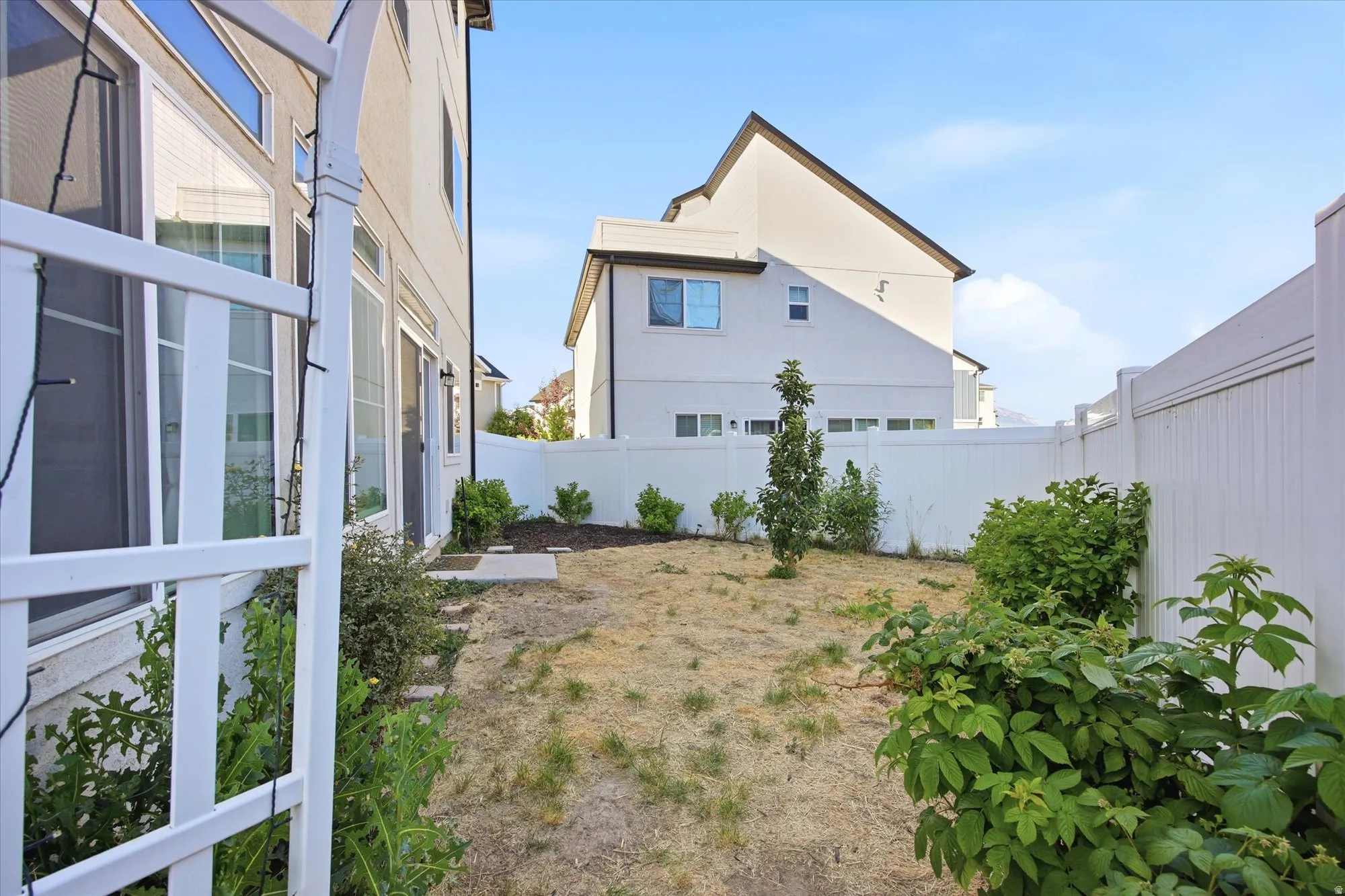 Expansive private backyard space featuring a white vinyl privacy fence, established shrubbery, and a small sapling