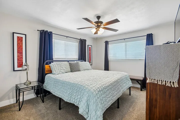 Carpeted room with a ceiling fan, two windows featuring blinds and dark curtains, and light-colored walls