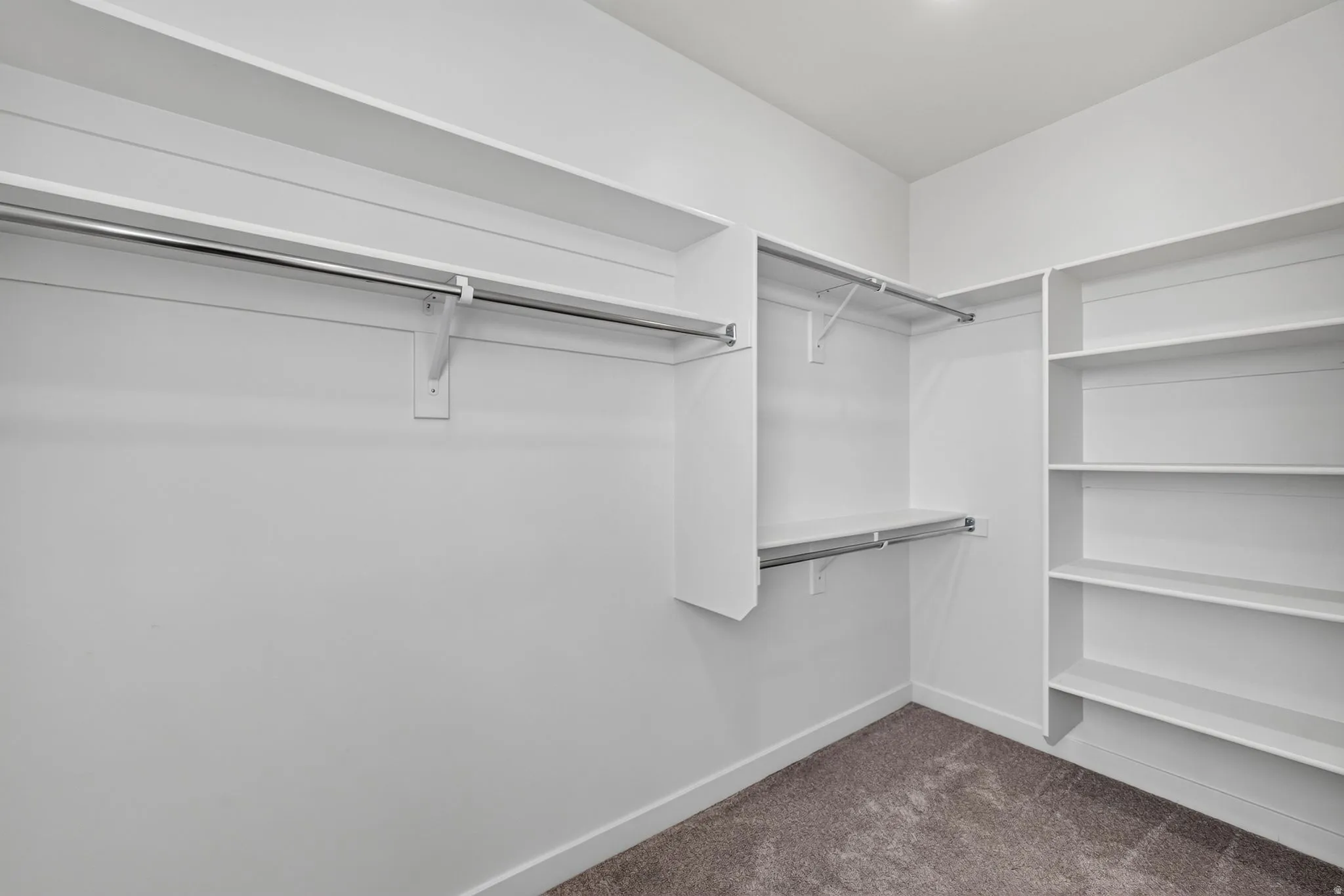 Walk-in closet featuring built-in shelving, multiple hanging rods, and a neutral carpeted floor