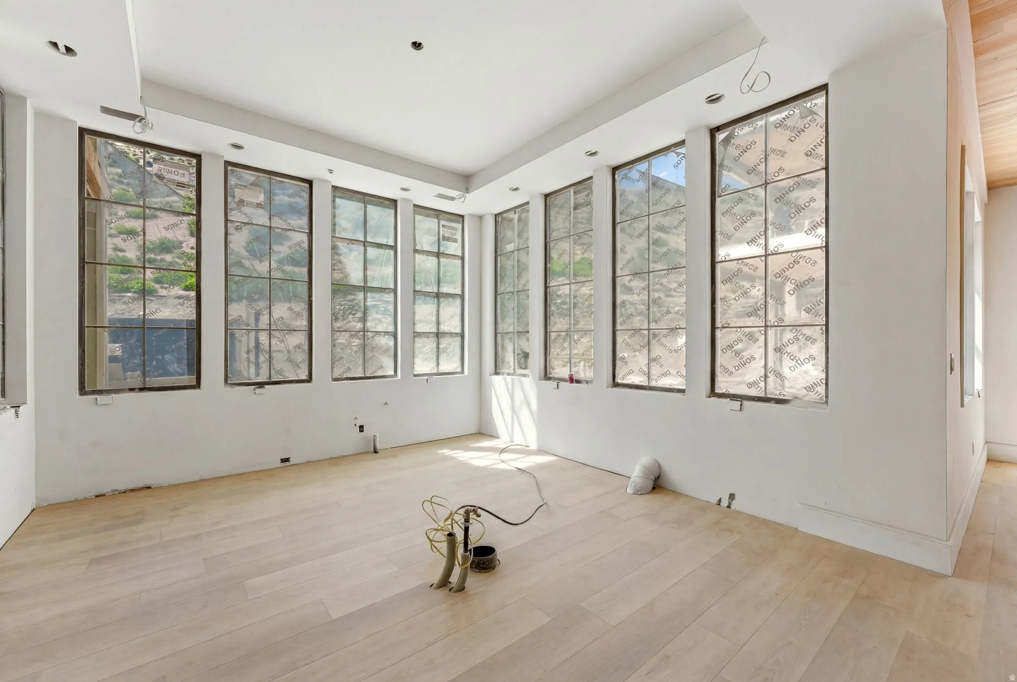 Room featuring extensive grid-patterned windows, light wood-finish flooring, and recessed ceiling lighting