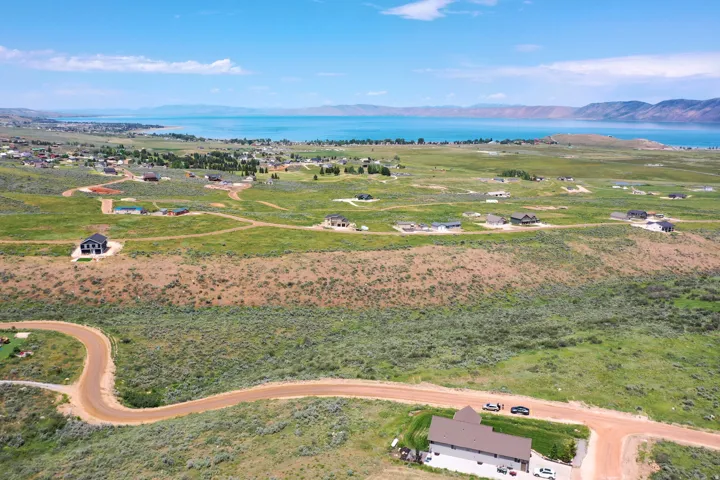 Expansive land featuring a distinct brown dirt road, varied green foliage, and distant residential structures