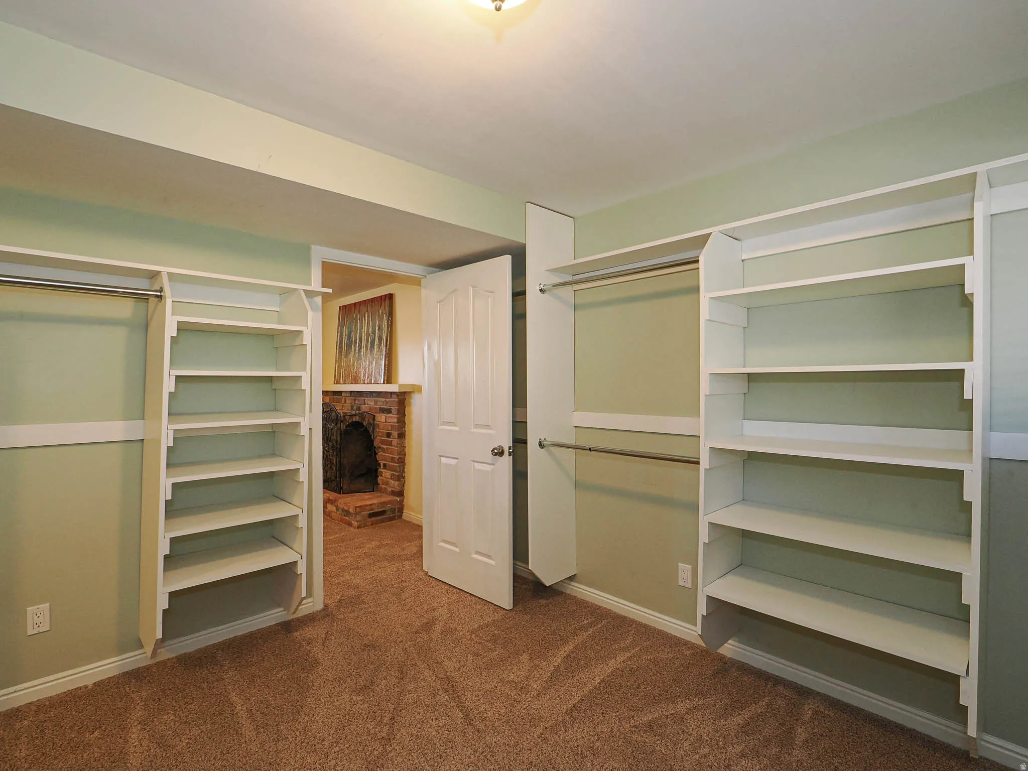 Room featuring built-in white shelving units, chrome hanging rods, and textured brown carpeting