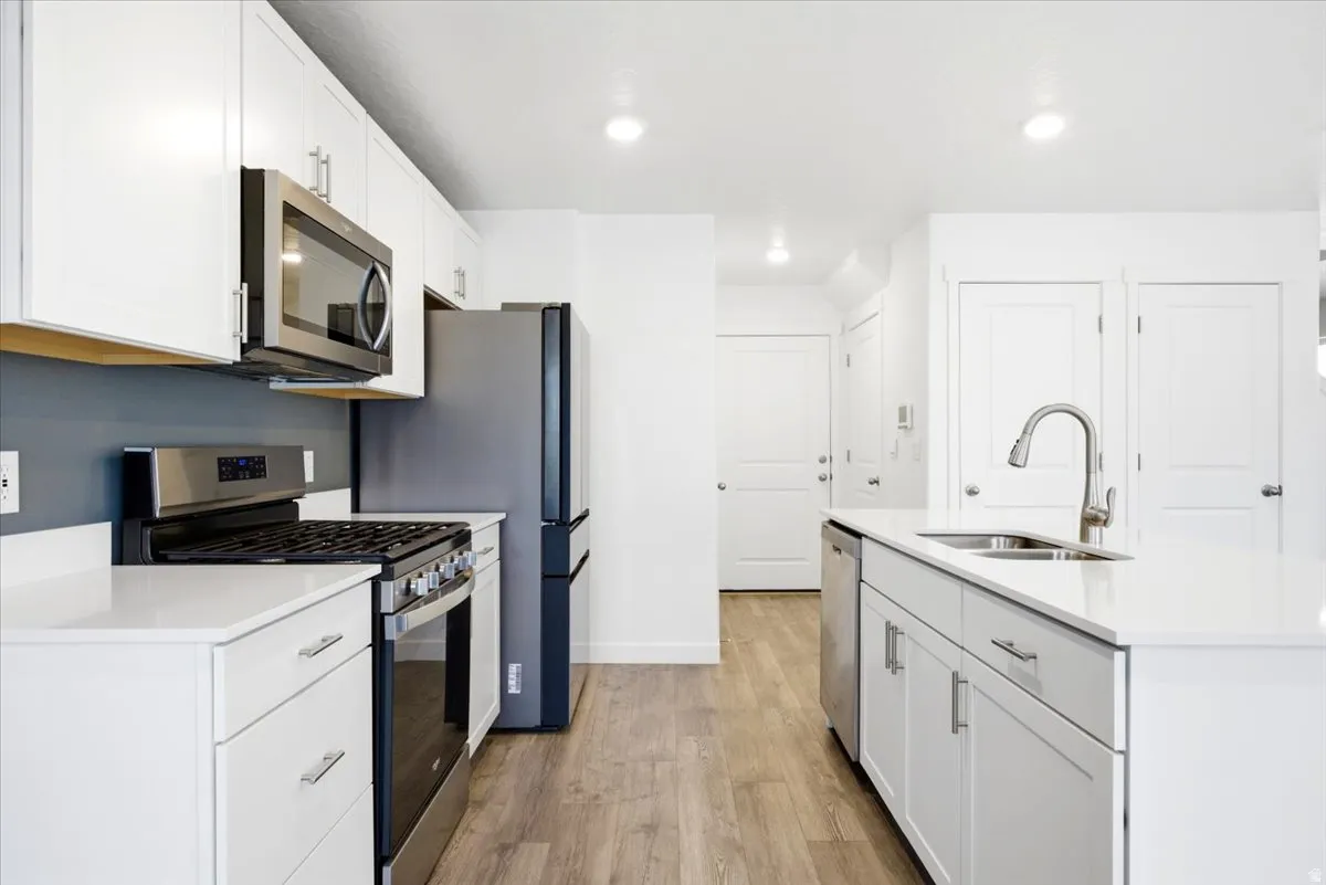 Modern kitchen featuring white cabinetry and stainless steel appliances