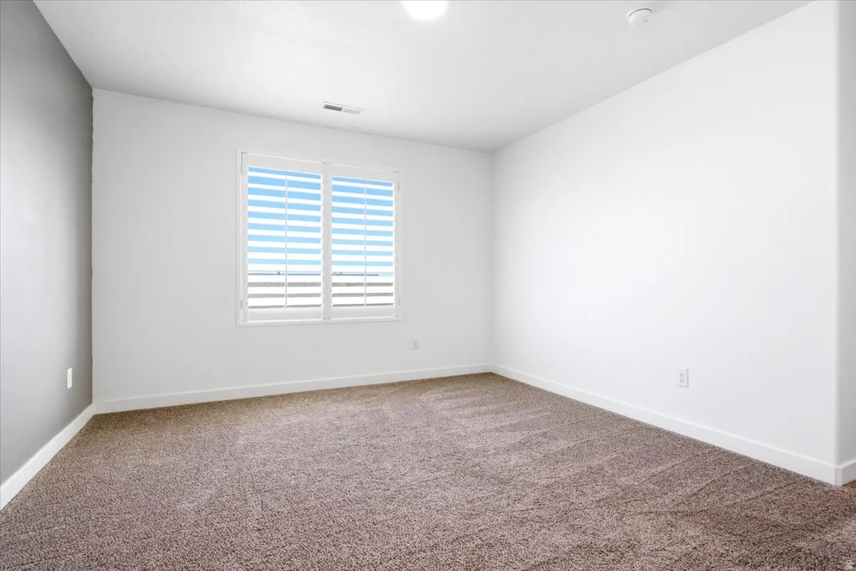 Window-filled room featuring neutral-toned carpeting, white baseboards, and a contrasting accent wall