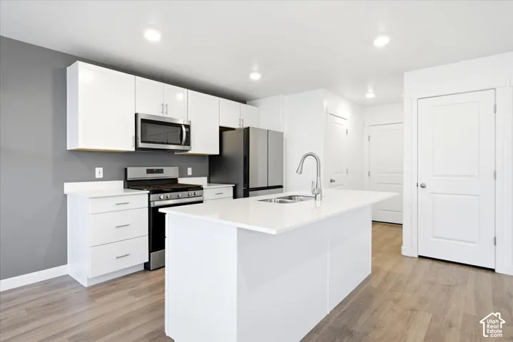 Modern kitchen featuring white cabinetry, a large kitchen island with an integrated sink, stainless steel appliances, and wood-finish flooring