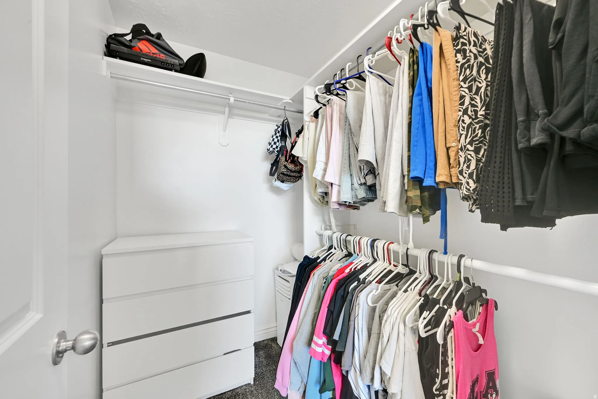 Walk-in closet with ample hanging space, built-in shelving, and a four-drawer dresser
