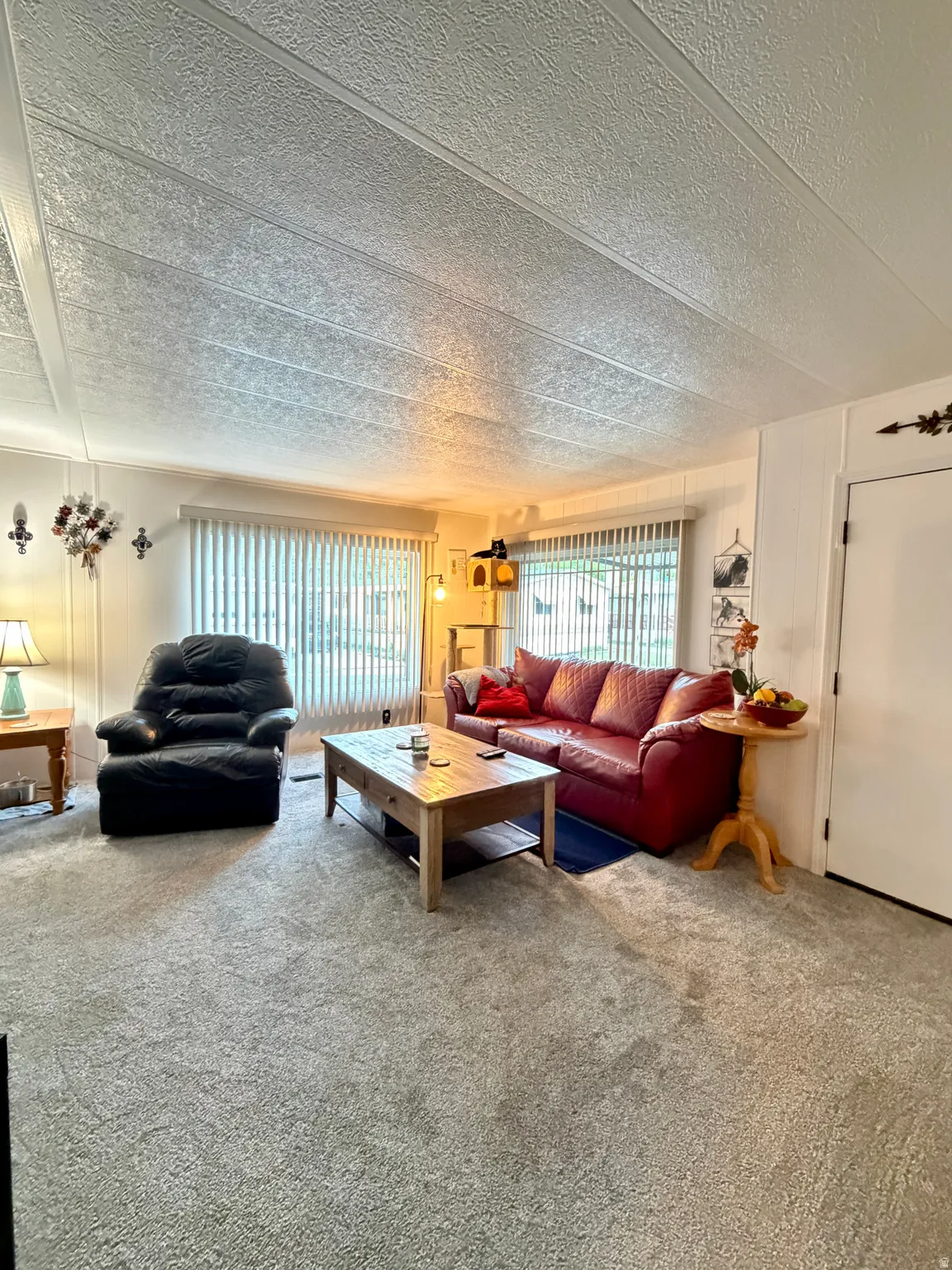 Living area featuring neutral-toned carpeting and vertical window blinds