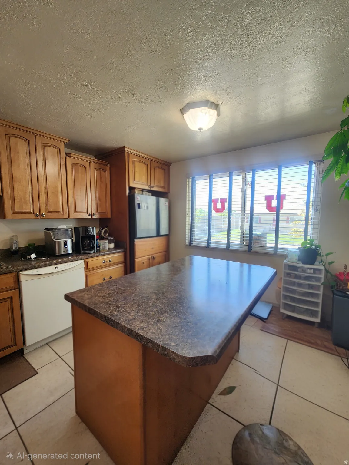 Kitchen featuring a central island with a speckled countertop, extensive wood cabinetry, and a double-basin sink