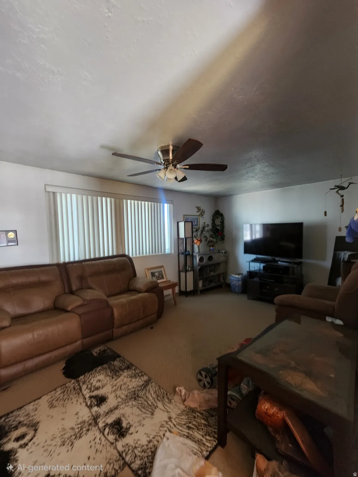 Living area with a ceiling fan, wall-mounted blinds, and neutral carpeting