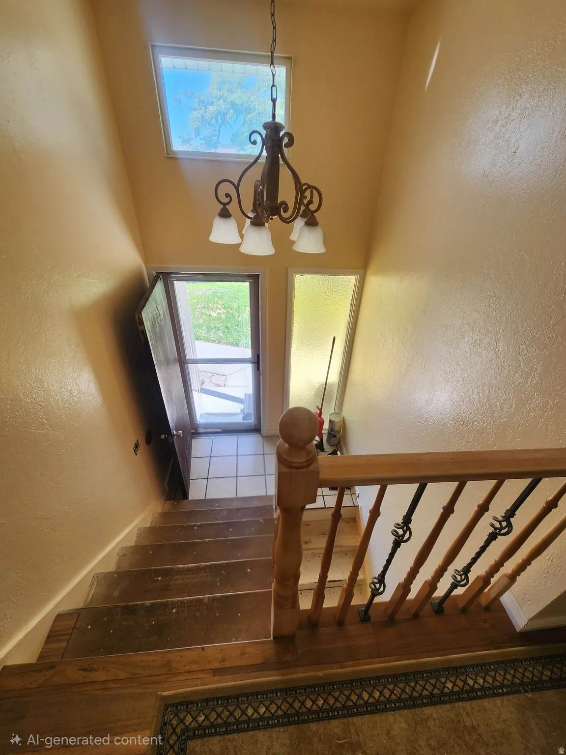Stairwell featuring a chandelier with frosted glass shades, a decorative wrought iron and wood-finish railing, a transom window, a side window with textured glass, and wood-finish stair treads