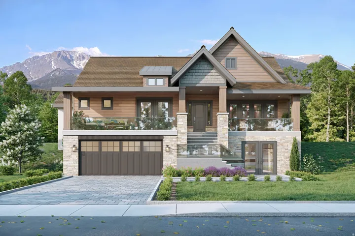 Contemporary home featuring wood siding, stone accents, and a large front-facing garage with carriage-style doors
