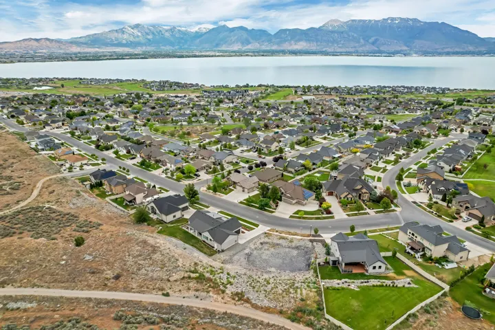 Aerial perspective showcasing a residential neighborhood with curved streets