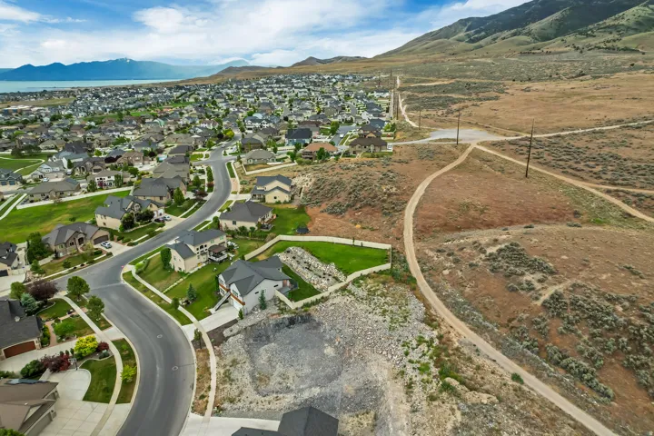 Aerial perspective showcasing a residential community with winding streets