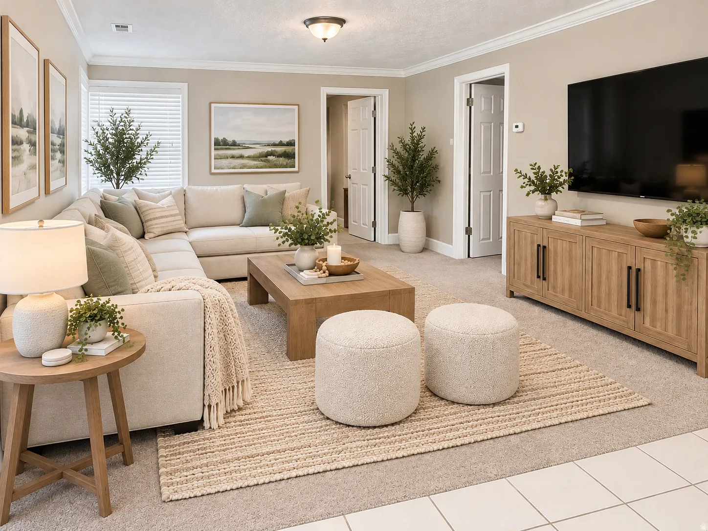 Recessed ceiling light fixture, crown molding, wall-to-wall carpeting, wood-finish console cabinet, and window with blinds